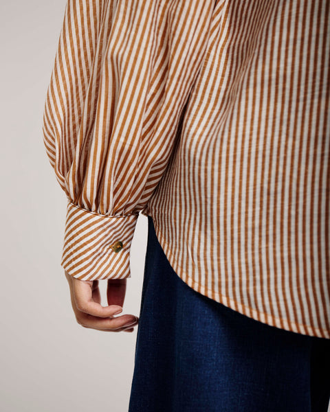 Bellow Sleeve Blouse with Detachable Bow in Brown and Milk Stripe