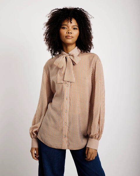 Bellow Sleeve Blouse with Detachable Bow in Brown and Milk Stripe