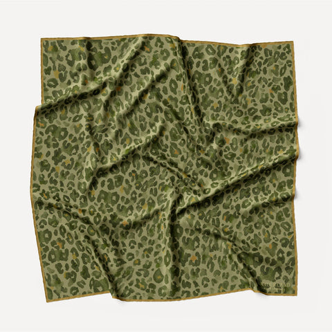 Wanderland Aureum Green Leopard Silk Habotai Scarf