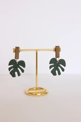 Monstera with raindrops Clay Earrings