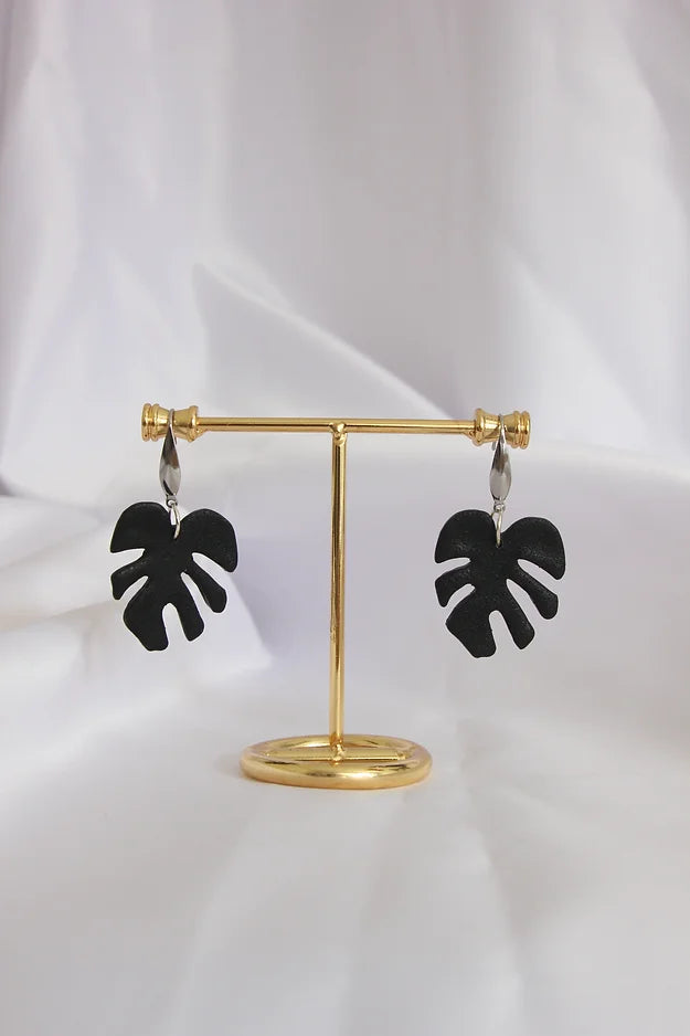 Black Monstera Clay Earrings (with gold hoops)