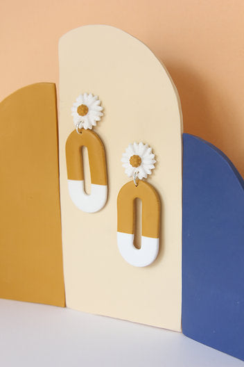 Floral Clay Earrings (mustard and white)