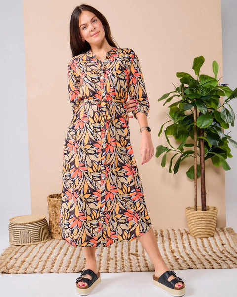 Beauty - Loca Leaf: Classic Shirt dress with 3/4 elasticated sleeves