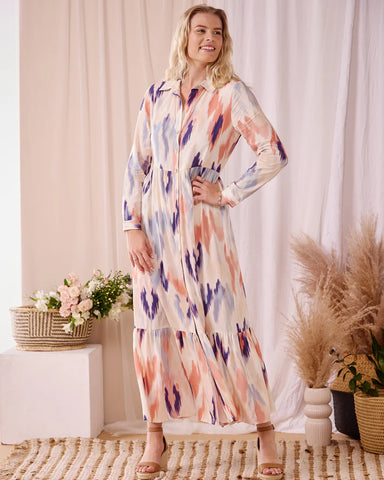 Maddison Maxi - Foliage Flicker: Button-up Collared Tiered Maxi dress