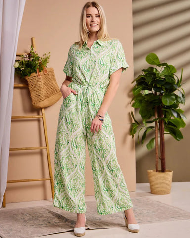 Luna - Green Vintage Damaske: Collared wide leg jumpsuit with Short sleeves