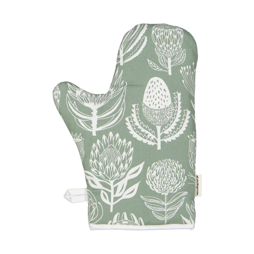 Oven Gloves (Single) / Floral Kingdom (White On Sage)