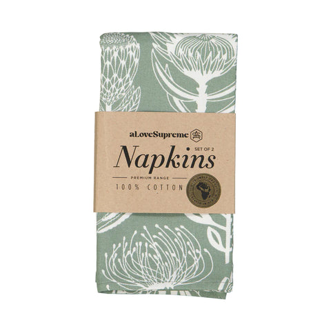 Fabric Napkins (2 Set) / Floral Kingdom (White On Sage)
