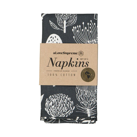Fabric Napkins (2 Set) / Floral Kingdom (White On Grey)