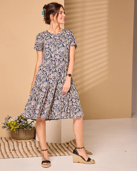 Hailey - Gouache Painting: Classic Short Sleeve Tiered Midi dress