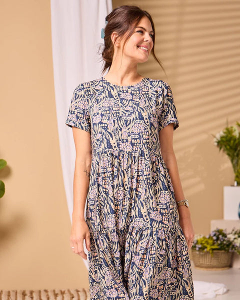 Hailey - Gouache Painting: Classic Short Sleeve Tiered Midi dress