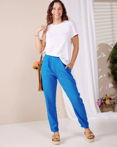 Emma - Blue linen: Classic slim leg pants