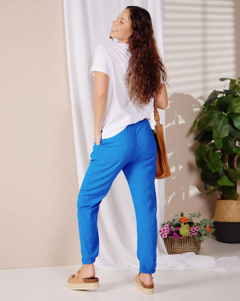 Emma - Blue linen: Classic slim leg pants