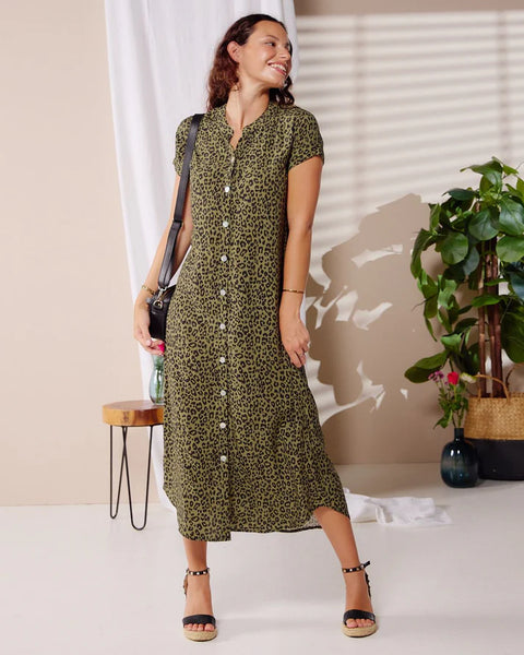 Iris - Fiesty Leopard: Classic Button up Maxi Shirt Dress