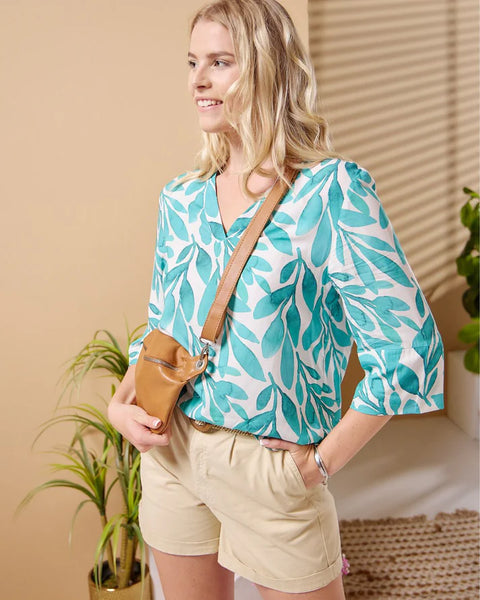 River - Teal Foliage: Classic V-neck top with 3/4 sleeves