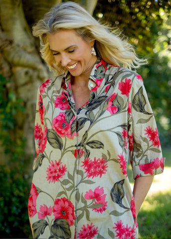 Betty Button dress in Olive and Pink Flowers