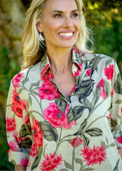 Betty Button dress in Olive and Pink Flowers