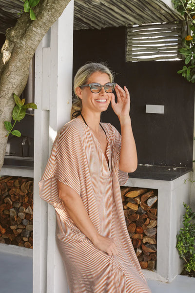 Just Cruizin Oceanne Rayon Kaftan in Mocca Stripe