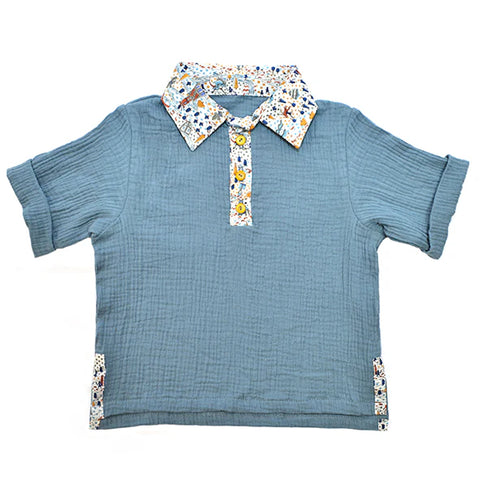 Myang Shirt / Boys Marine Blue cheesecloth with Castle Print trim