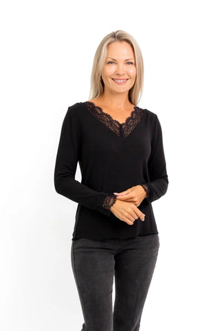 Frenso - Lace Edge Soft Touch V Neck Tee - Black