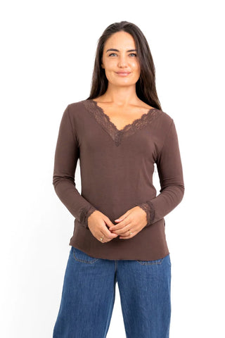 Frenso - Lace Edge Soft Touch V Neck Tee - Brown