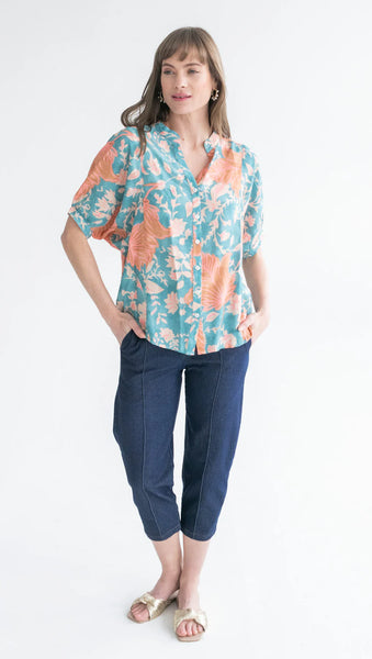 Gabi Blouse Blue & Pink Flower