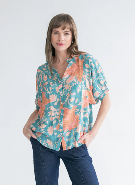 Gabi Blouse Blue & Pink Flower