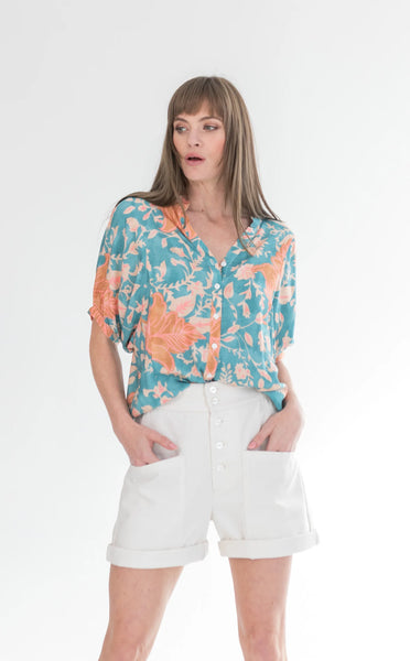 Gabi Blouse Blue & Pink Flower
