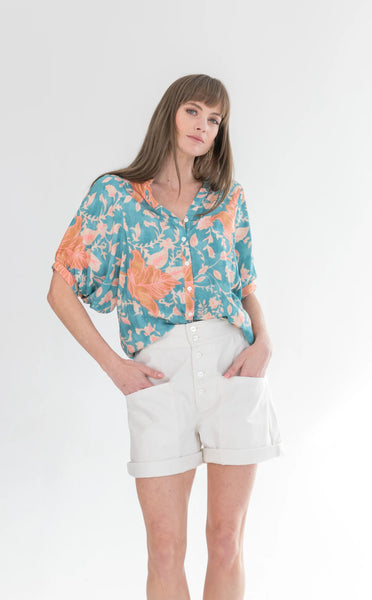 Gabi Blouse Blue & Pink Flower