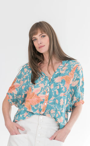 Gabi Blouse Blue & Pink Flower