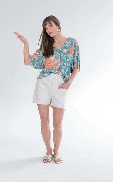 Gabi Blouse Blue & Pink Flower