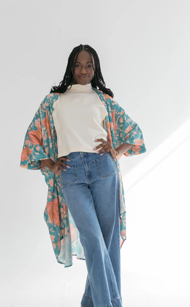 Corfu Kimono Blue & Pink Flower