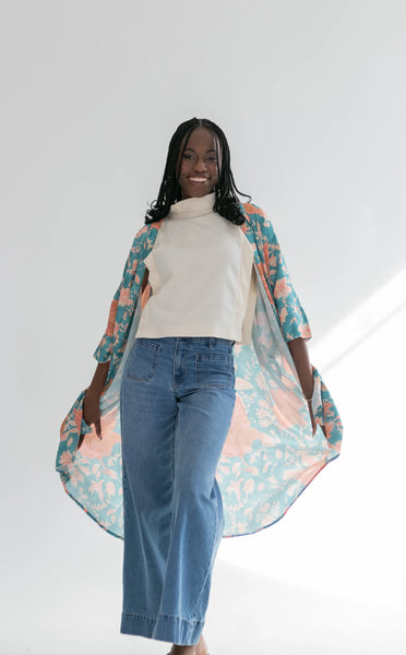 Corfu Kimono Blue & Pink Flower