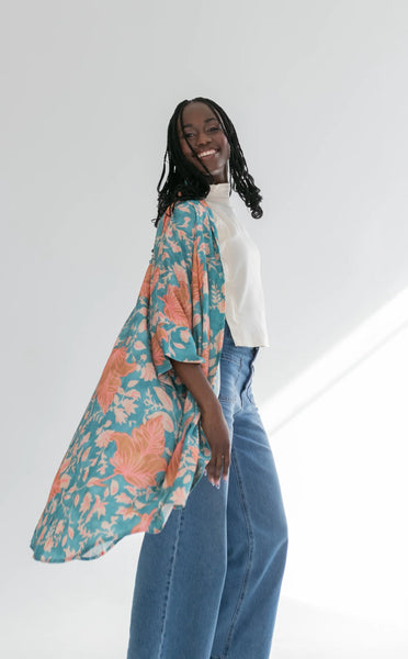 Corfu Kimono Blue & Pink Flower