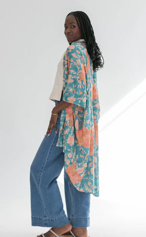 Corfu Kimono Blue & Pink Flower