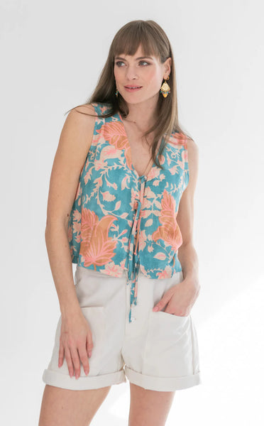 Tie Waistcoat Blue & Pink Flower