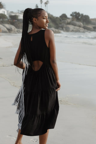 Long Paxos dress with peep back in Black Linen