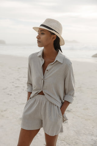 Santorini Long sleeve boyfriend shirt in Stone Stripe linen