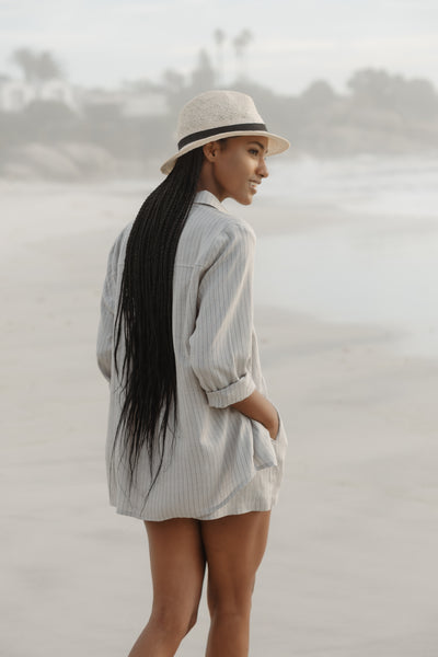 Santorini Long sleeve boyfriend shirt in Stone Stripe linen