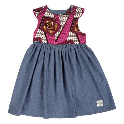 Myang Dress / Girls Denim and Pink Wax Cloth