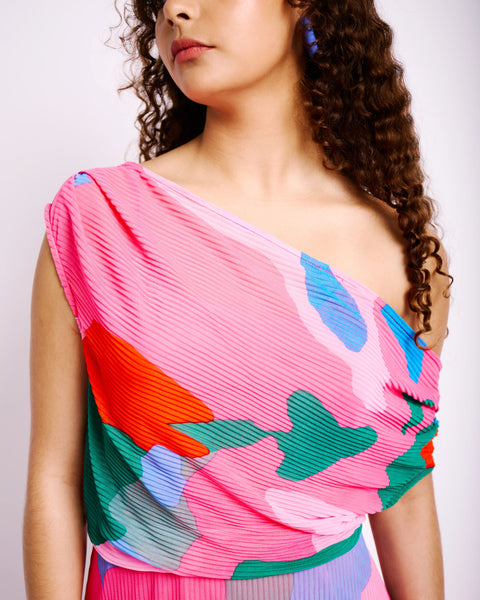 Asymmetrical Shoulder Dress in Pink Mosaic