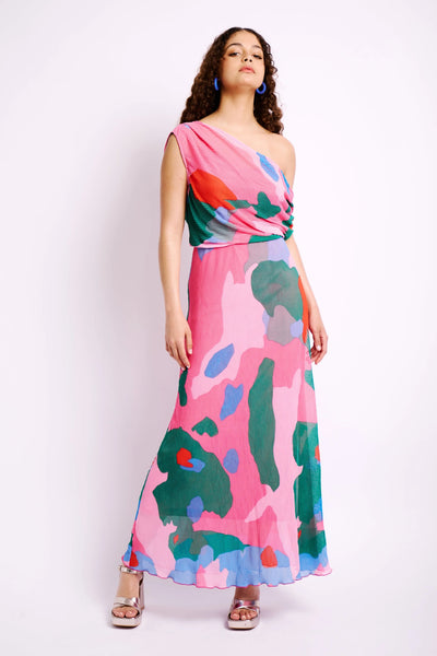 Asymmetrical Shoulder Dress in Pink Mosaic