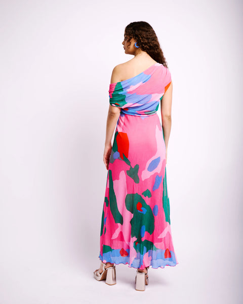 Asymmetrical Shoulder Dress in Pink Mosaic