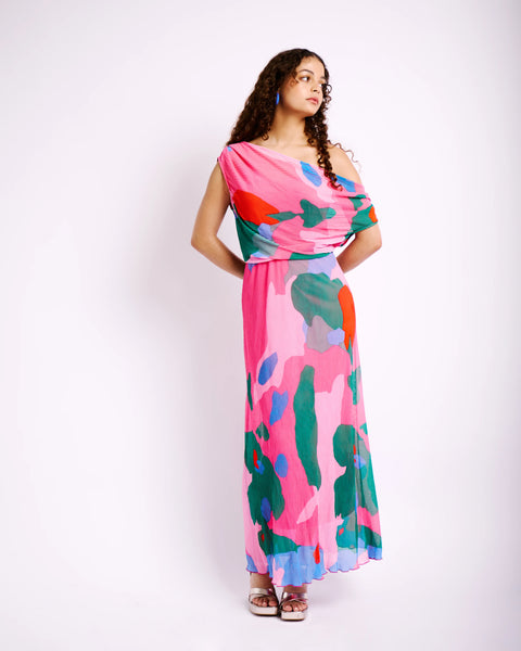 Asymmetrical Shoulder Dress in Pink Mosaic