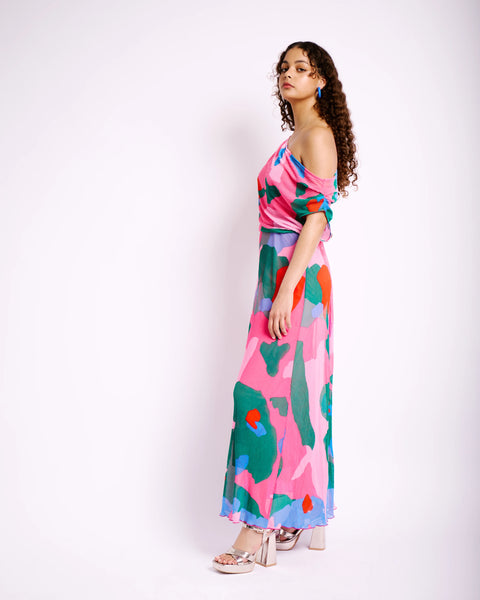 Asymmetrical Shoulder Dress in Pink Mosaic