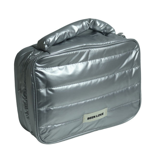 Silver Quilted Puffer Cosmetic Bag