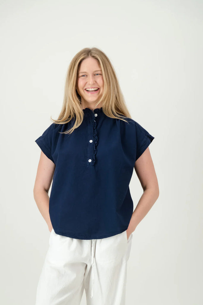 Just Cruizin Coralie Cotton Frilly Top in Navy