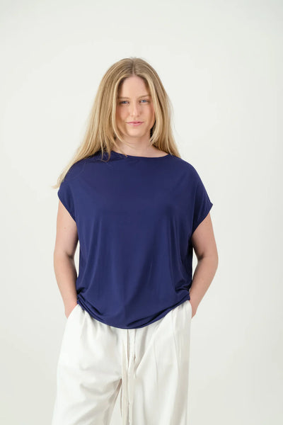 Just Cruizin Mia Viscose Drapey Blouse in Navy