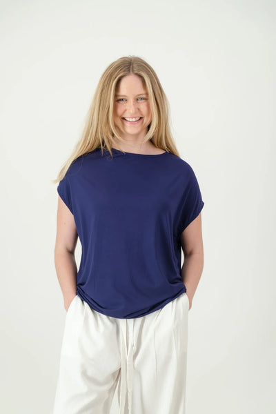 Just Cruizin Mia Viscose Drapey Blouse in Navy