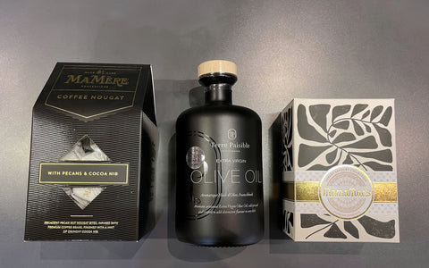 Black, white and gold hamper