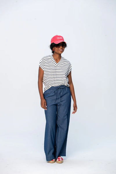 Corfu Summer V-Neck Tee - Navy & White Stripe